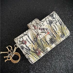 Dior Calfskin Floral Print Lady Dior Gusseted Card Holder Latte Multicolor